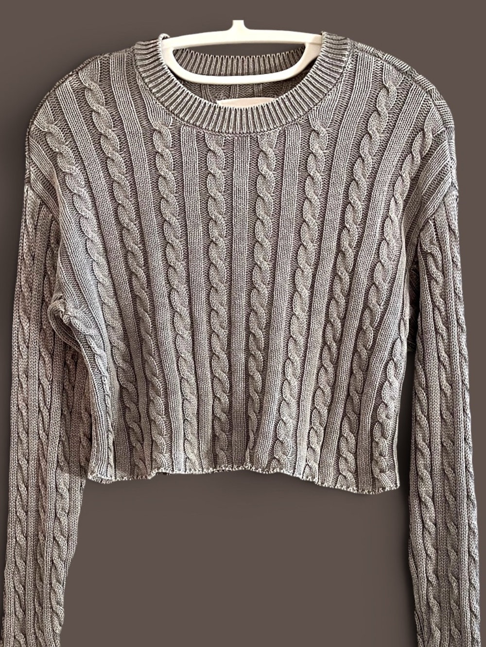 Aerie Garment Dyed Cable Knit Gray Cropped Cotton Sweater Size XS